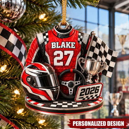 Custom Name Race Car Driver Christmas Ornament - Personalized Racing Suit Gift for Him