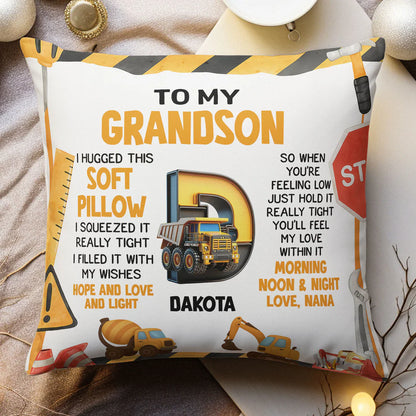 Personalized grandson hug pillow with construction truck alphabet design gift
