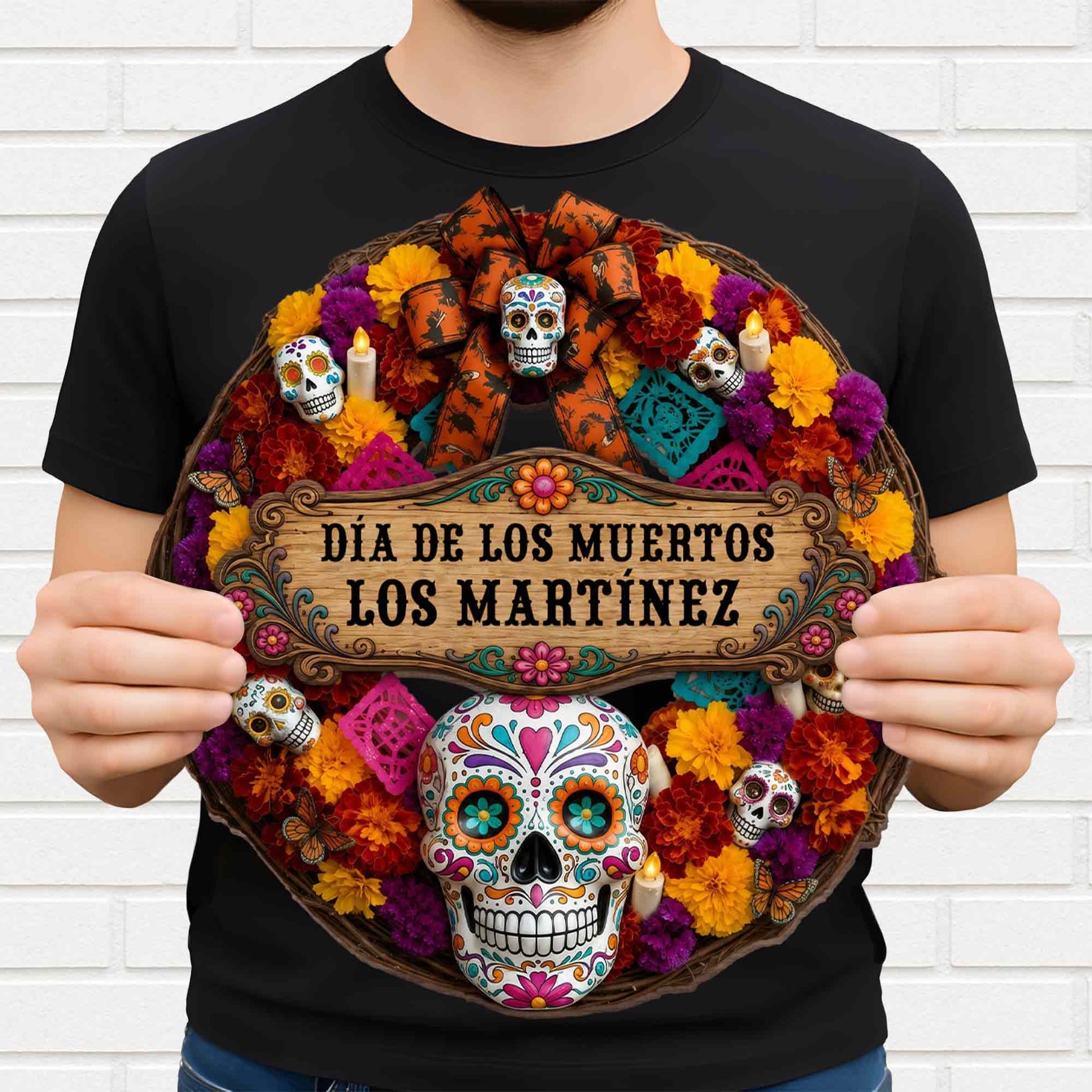 Día De Los Muertos Personalized Wood Sign - Custom Family Sugar Skull Wreath Decor