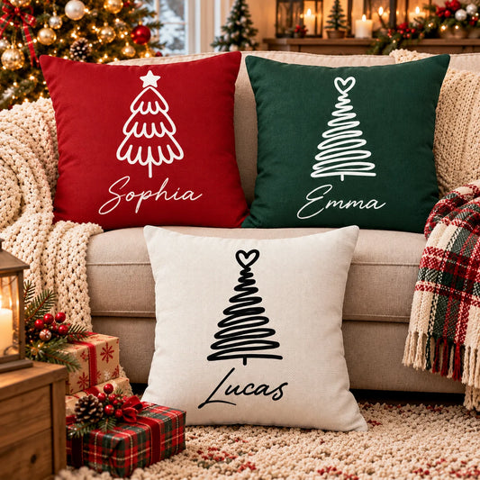 Christmas Tree Line Art Personalized Pillow - Custom Holiday Keepsake Gift for Family