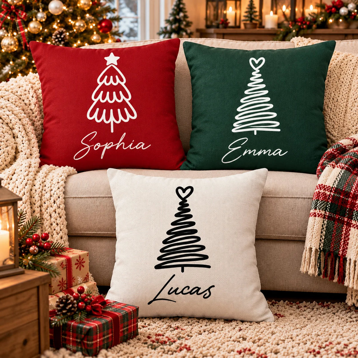 Christmas Tree Line Art Personalized Pillow - Custom Holiday Keepsake Gift for Family