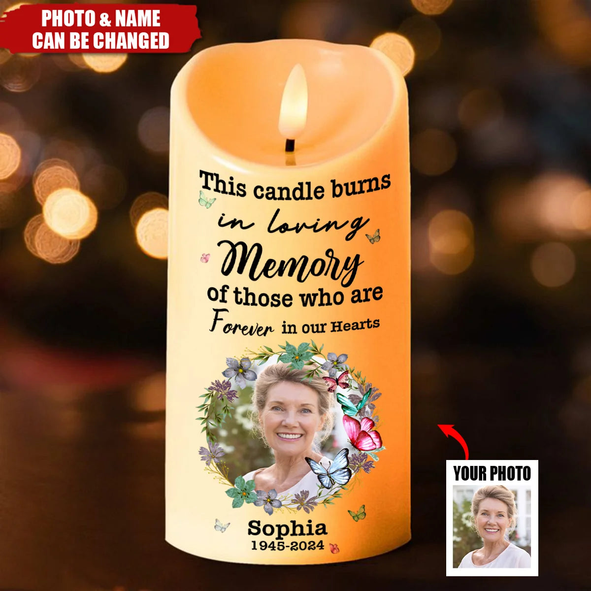 "This Candle Burns In Loving Memory" Personalized Photo Memorial LED Candle - Sympathy Keepsake for Family