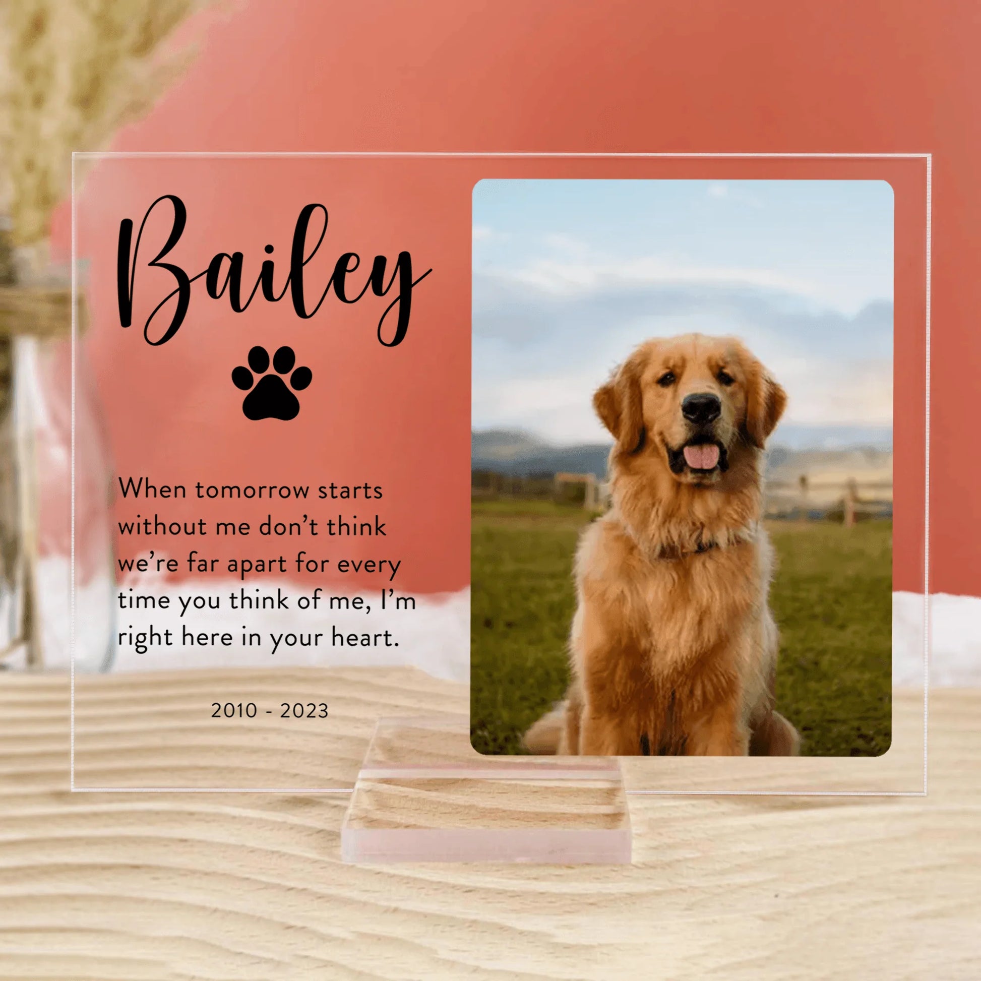 Personalized dog memorial plaque with custom photo, name Bailey, and quote When tomorrow starts without me.