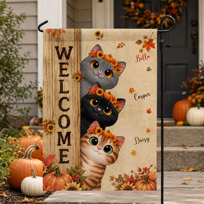Welcome Cozy Fall Peeking Cats Personalized Garden Flag - Custom Cat Lovers Autumn Yard Decor