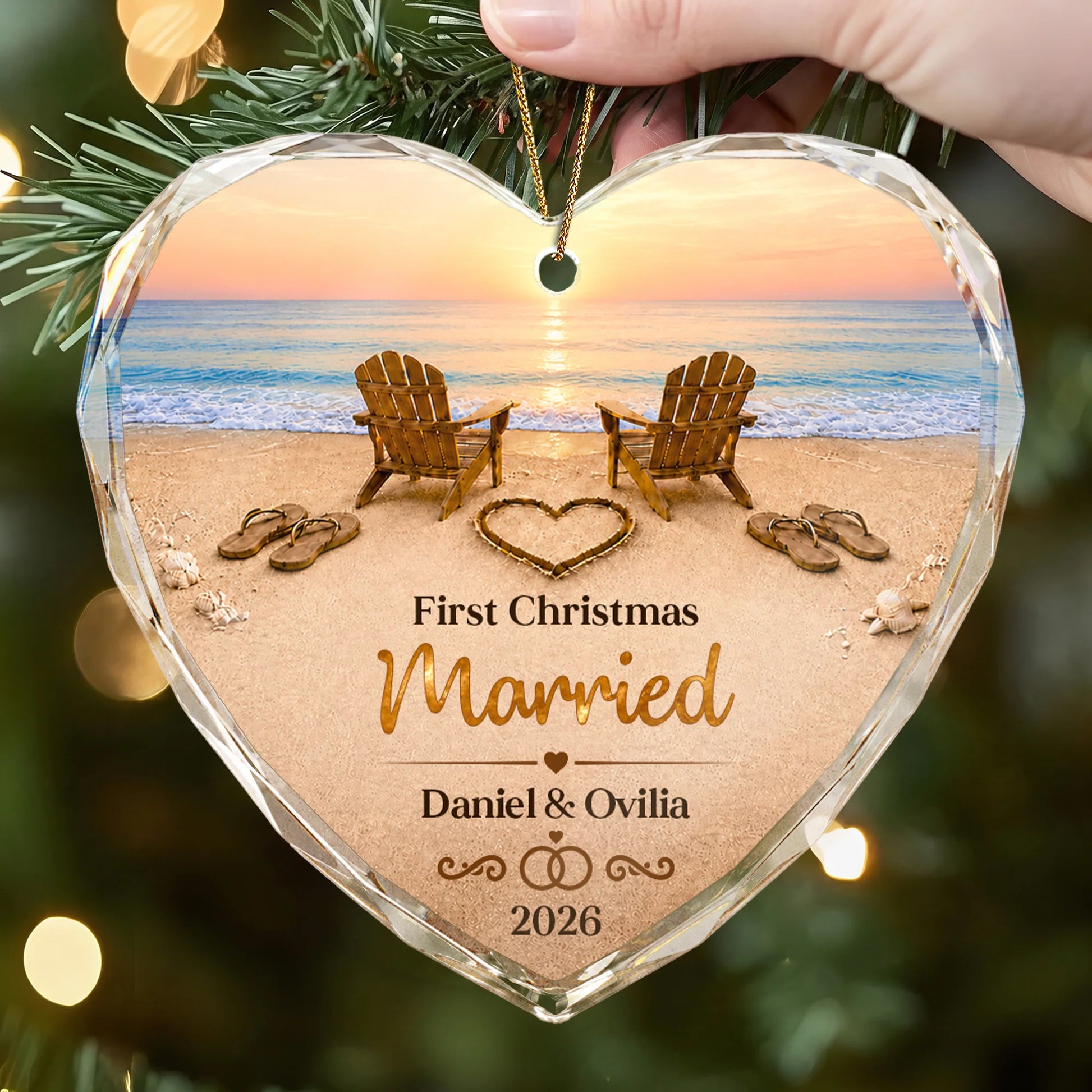 "First Christmas as Mr and Mrs" Beach Glass Heart Ornament - Personalized Wedding and Anniversary Keepsake Gift