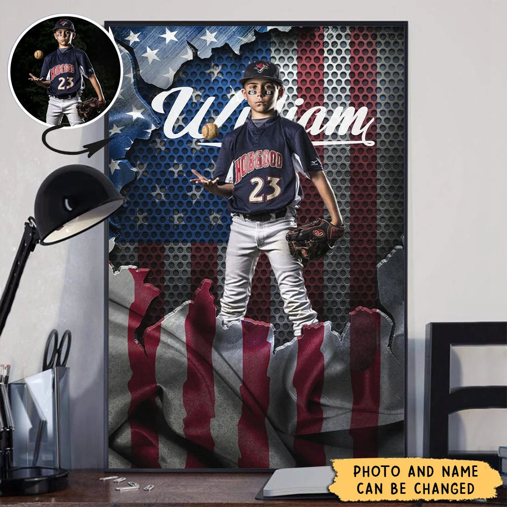Custom Photo Baseball American Flag Canvas / Poster - Personalized Sports Wall Art Gift