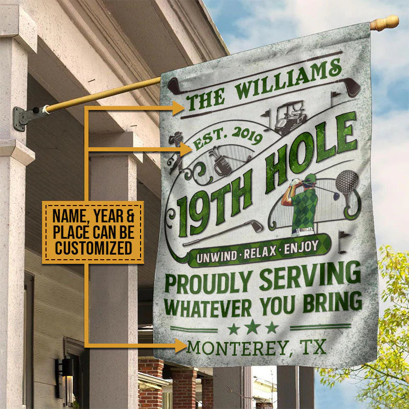 Personalized 19Th Hole Golf Garden Flag personalization view for Dad
