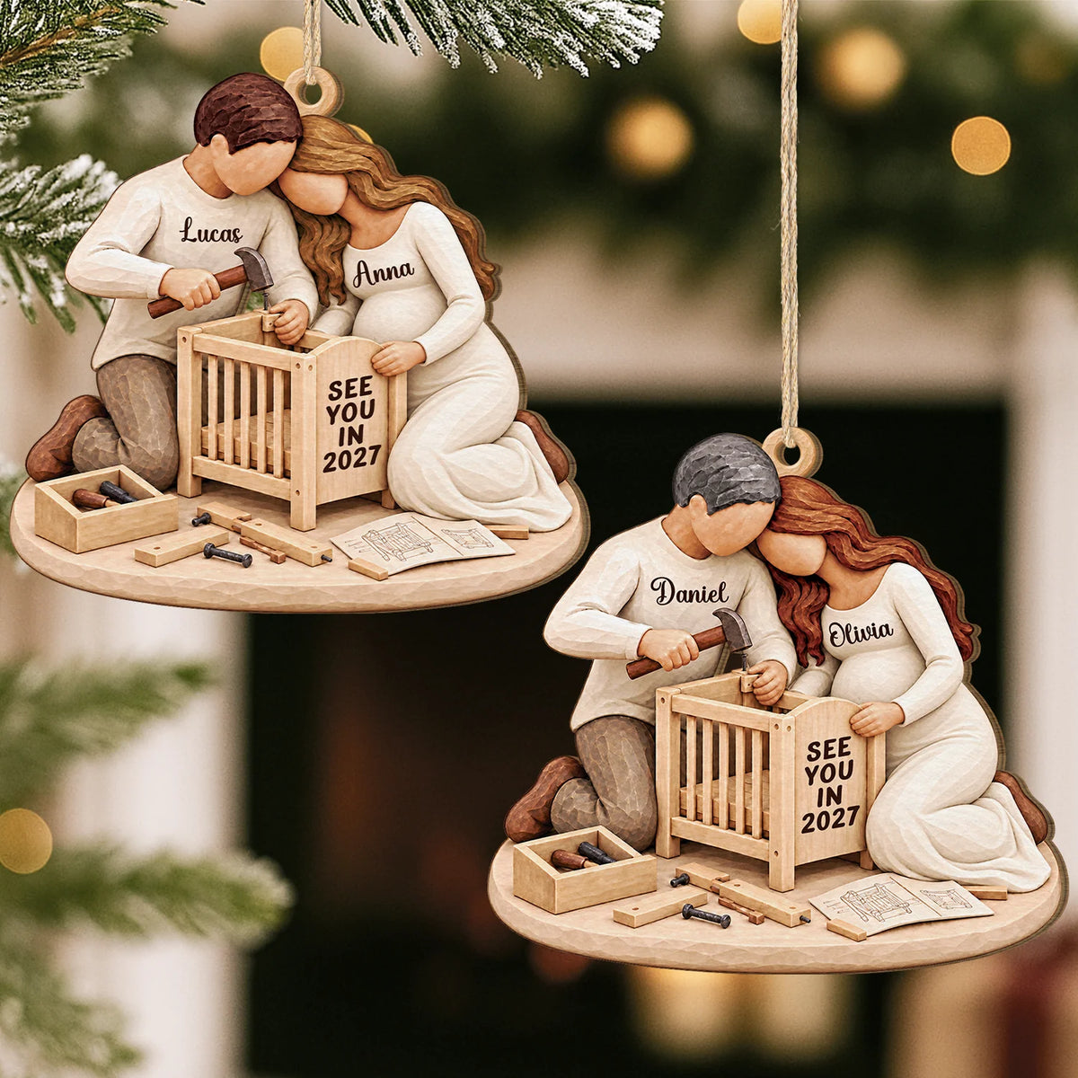 See You In 2027 Personalized Wooden Ornament - Expecting Couples Building Crib Pregnancy Gift
