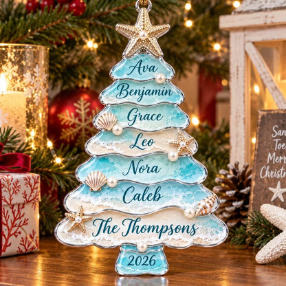 Personalized Coastal Christmas Ornament - Custom Ocean Beach Family Tree Keepsake Gift for Holidays