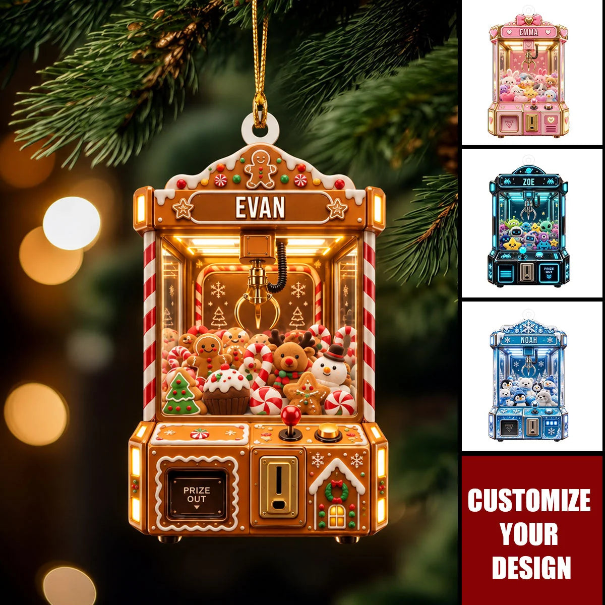 Custom Claw Machine Christmas Ornament - Personalized Name Plush Toy Arcade Tree Decor for Kids