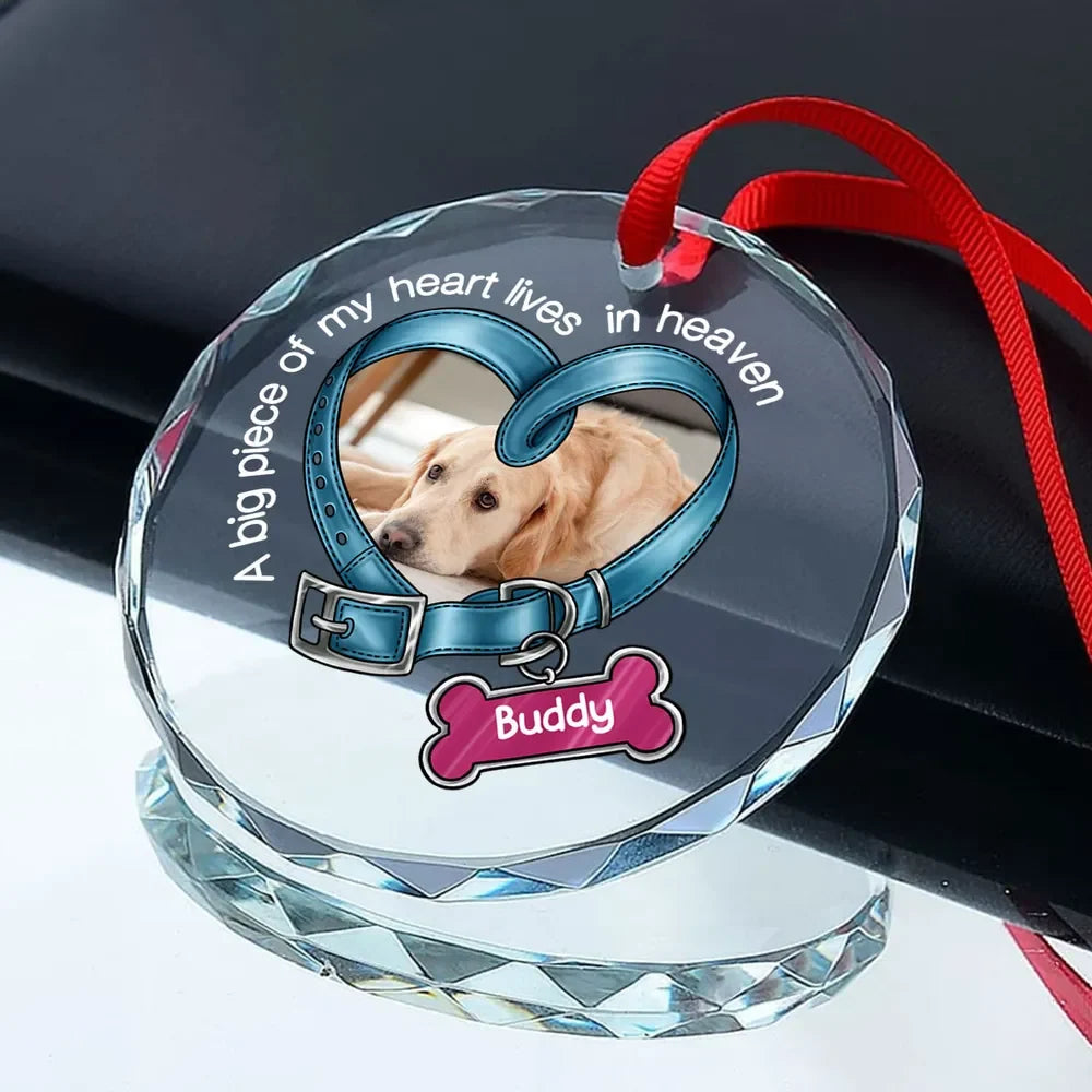 A Big Piece Of My Heart Lives In Heaven - Personalized Dog Memorial Glass Ornament Gift