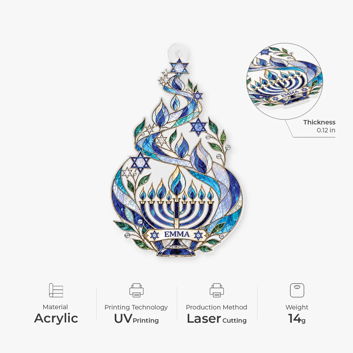 Personalized Hanukkah Menorah Acrylic Ornament - Custom Keepsake Gift for Family