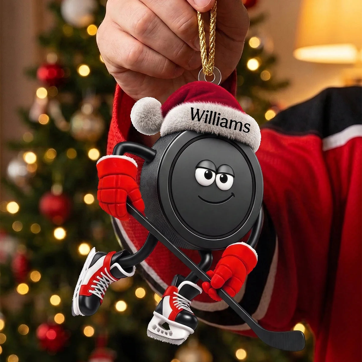 Personalized Hockey Acrylic Ornament - Custom Christmas Santa Hat Hockey Puck Keepsake Gift
