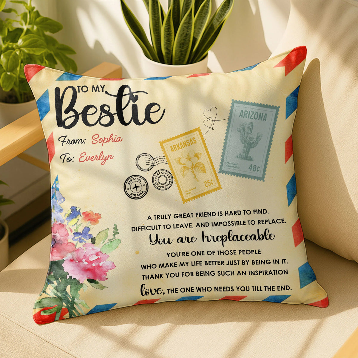 To My Bestie You Are Irreplaceable Personalized Pillow - Custom Long Distance Gift for BFF