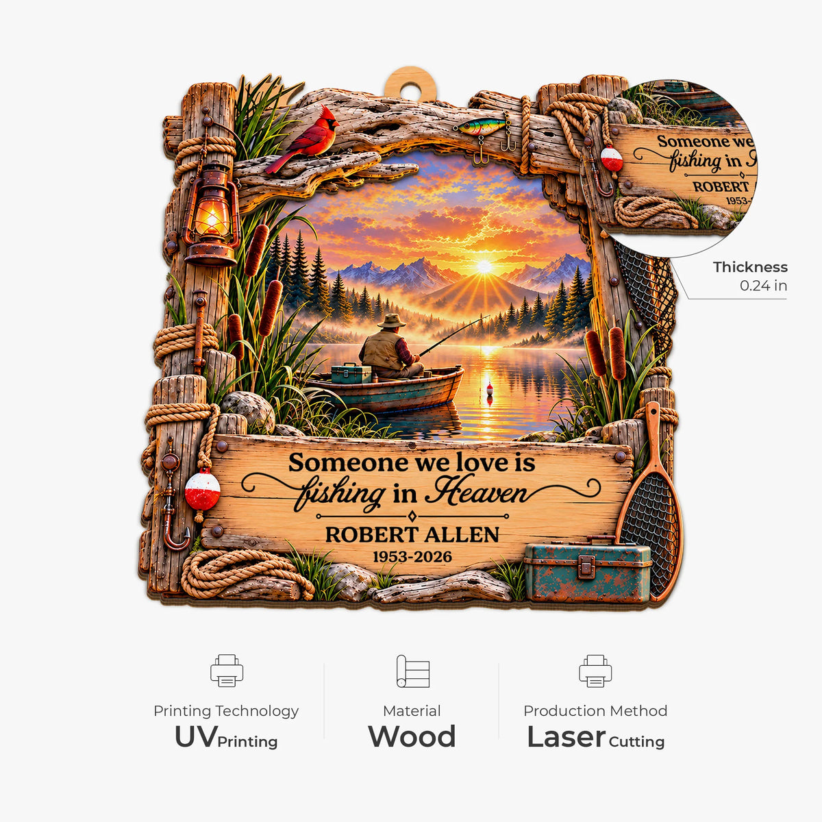 Someone We Love Is Fishing In Heaven - Personalized Wooden Ornament Memorial Keepsake