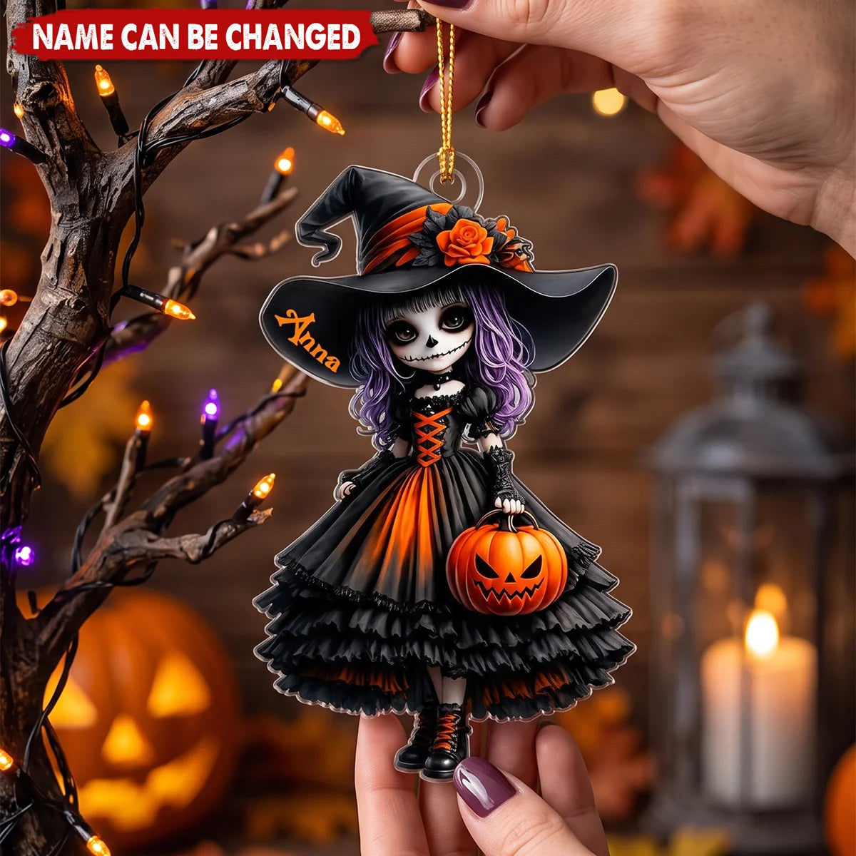 Spooky Little Witch Girl Personalized Acrylic Ornament - Custom Halloween Keepsake Gift