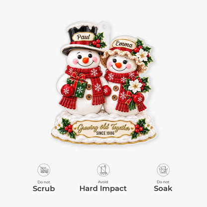"Growing Old Together" Personalized Snowman Couple Acrylic Ornament - Anniversary for Husband & Wife