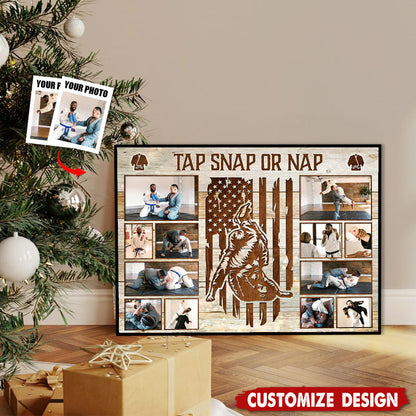 Personalized jiu jitsu photo canvas print showing custom martial arts action shots - premium BJJ gift for husband or dad