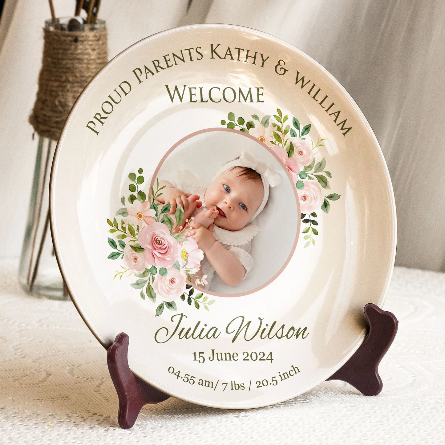 Custom Baby Birth Stats Ceramic Plate personalization view for Mom