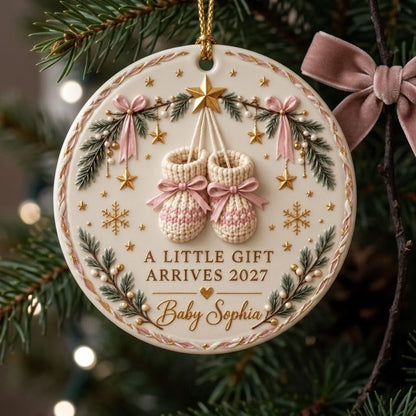 A Little Gift Arrives 2027 Personalized Pregnancy Announcement Ornament - Christmas Keepsake for Expecting Mom