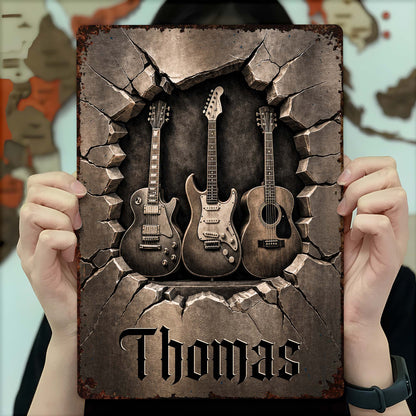 Personalized metal guitar sign with 3D cracked wall effect and custom name for music lovers image 7