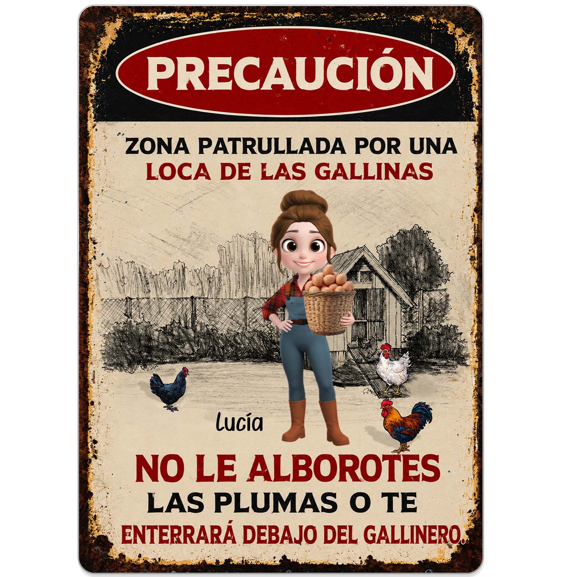 Personalized metal sign featuring Spanish crazy chicken lady warning text for farm decor gift image 9
