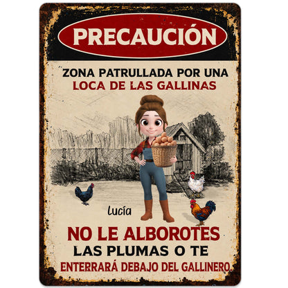 Personalized metal sign featuring Spanish crazy chicken lady warning text for farm decor gift image 9