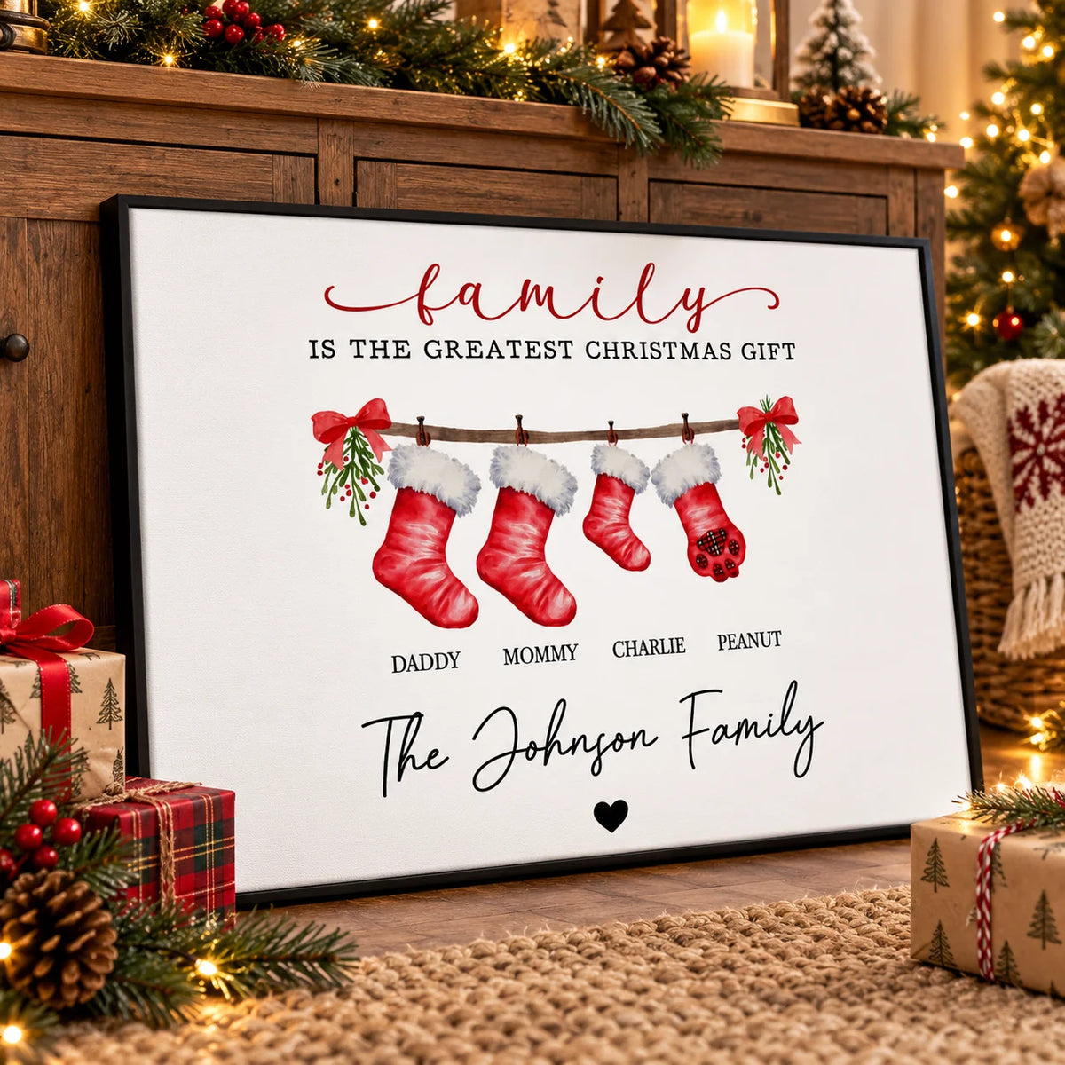 Personalized family stockings Christmas canvas on a sideboard with gifts and pine branches