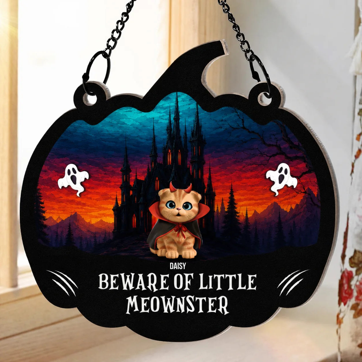 Beware Of Little Meownsters Personalized Suncatcher Ornament - Custom Cat Lovers Halloween Decor