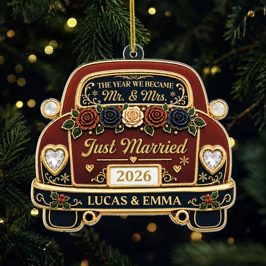 "Just Married The Year We Became Mr & Mrs" - Personalized Acrylic Ornament for Newlywed Couples Wedding Gift