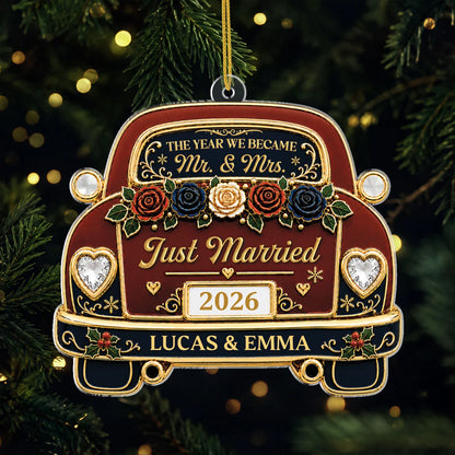 "Just Married The Year We Became Mr & Mrs" - Personalized Acrylic Ornament for Newlywed Couples Wedding Gift