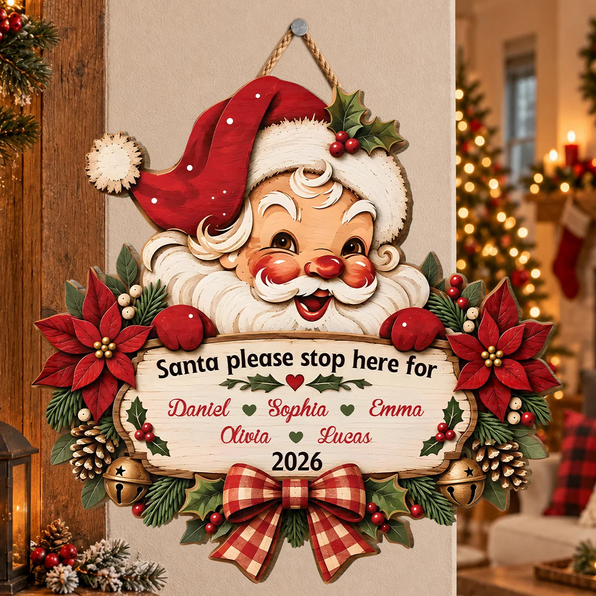 "Santa Please Stop Here For" Personalized Family Christmas Wood Sign - Custom Holiday Wall Decor