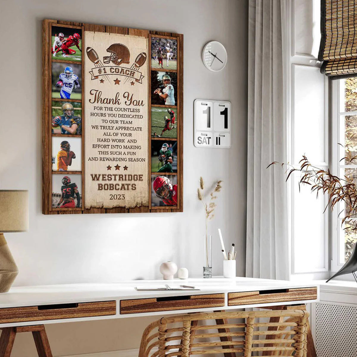 Personalized football coach gift canvas featuring custom team photo collage with rustic wood background design image 6