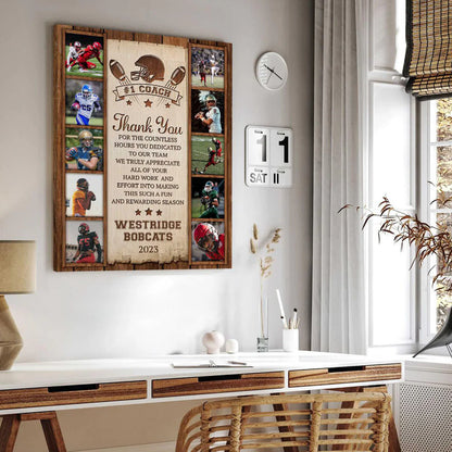Personalized football coach gift canvas featuring custom team photo collage with rustic wood background design image 6