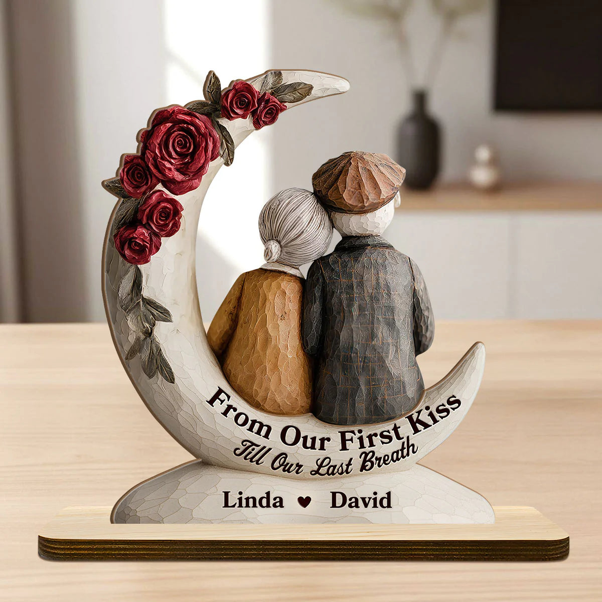 Custom couple anniversary plaque with an elderly couple sitting on a crescent moon with red roses image 7