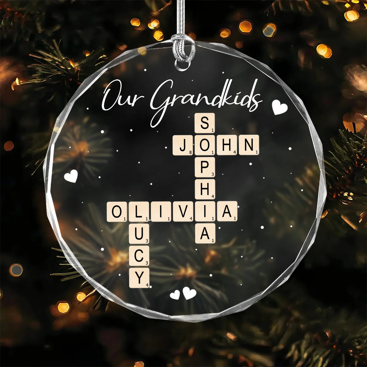 Our Grandkids Personalized Crossword Glass Ornament Custom Family Names Holiday Keepsake