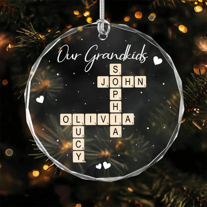 Our Grandkids Personalized Crossword Glass Ornament Custom Family Names Holiday Keepsake