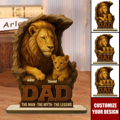 Personalized lion dad plaque with custom names engraved on a 2 layered standing wooden display base for Father's Day