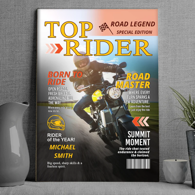 Custom motorcycle magazine canvas cover print featuring a personalized biker portrait and rider name. image 8