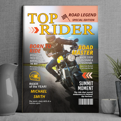 Custom motorcycle magazine canvas cover print featuring a personalized biker portrait and rider name. image 8