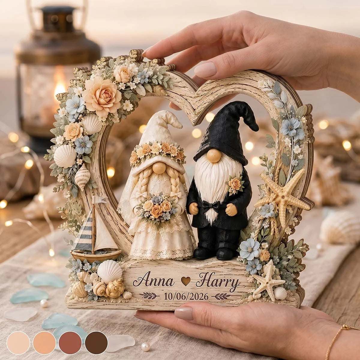 Personalized Coastal Gnome Couple Heart Wooden Block - Custom Beach Wedding & Anniversary Keepsake Gift