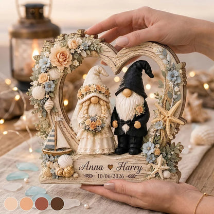 Personalized Coastal Gnome Couple Heart Wooden Block - Custom Beach Wedding & Anniversary Keepsake Gift