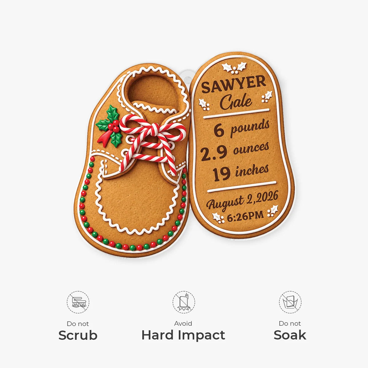 Baby Birth Stats Gingerbread Shoe Personalized Acrylic Ornament - Keepsake for New Mom