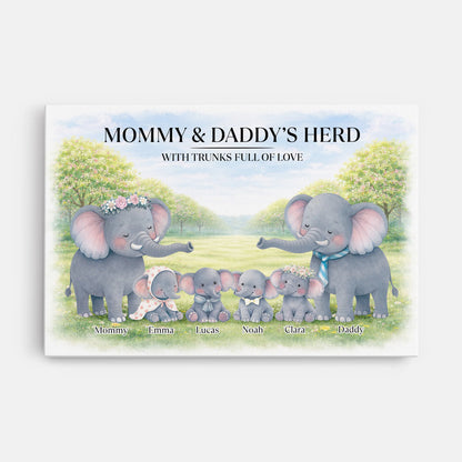 Mommy & Daddy's Herd Personalized Canvas / Poster - Custom Elephant Family Gift Wall Art for Parents