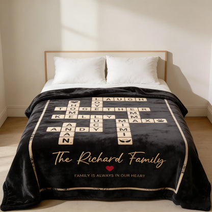 Custom Crossword Family Names Blanket - Personalized Scrabble Tile Throw for Mom