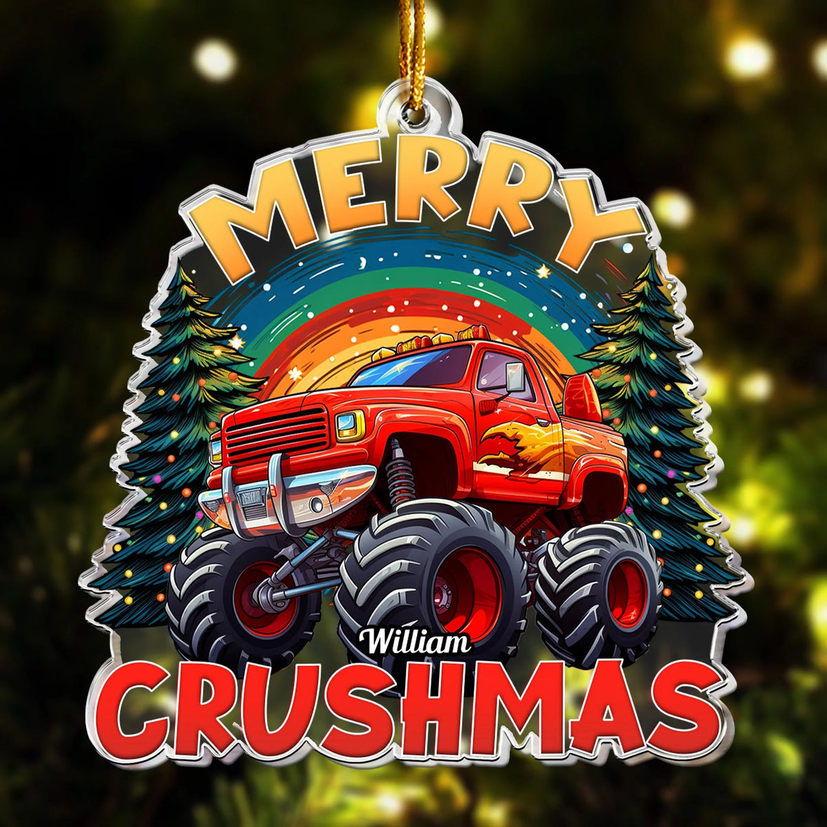 Merry Crushmas Monster Truck Personalized Acrylic Ornament - Custom Name Gift for Kids