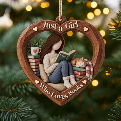 Just A Girl Who Loves Books Personalized Wooden Ornament - Custom Christmas Keepsake Gift for Book Lovers