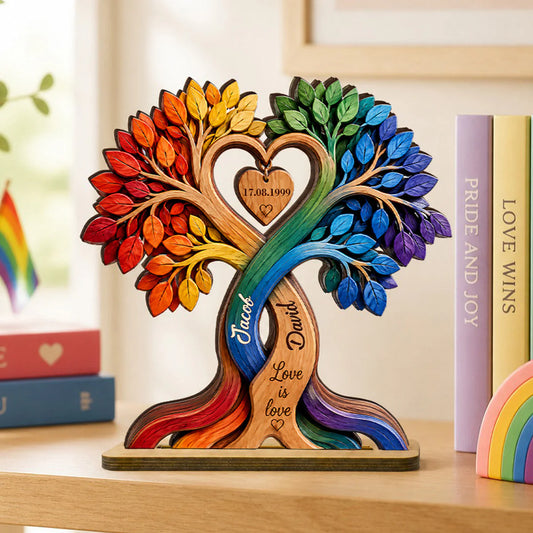Custom Rainbow Heart Tree Plaque for Couples with personalized design details for meaningful gifting