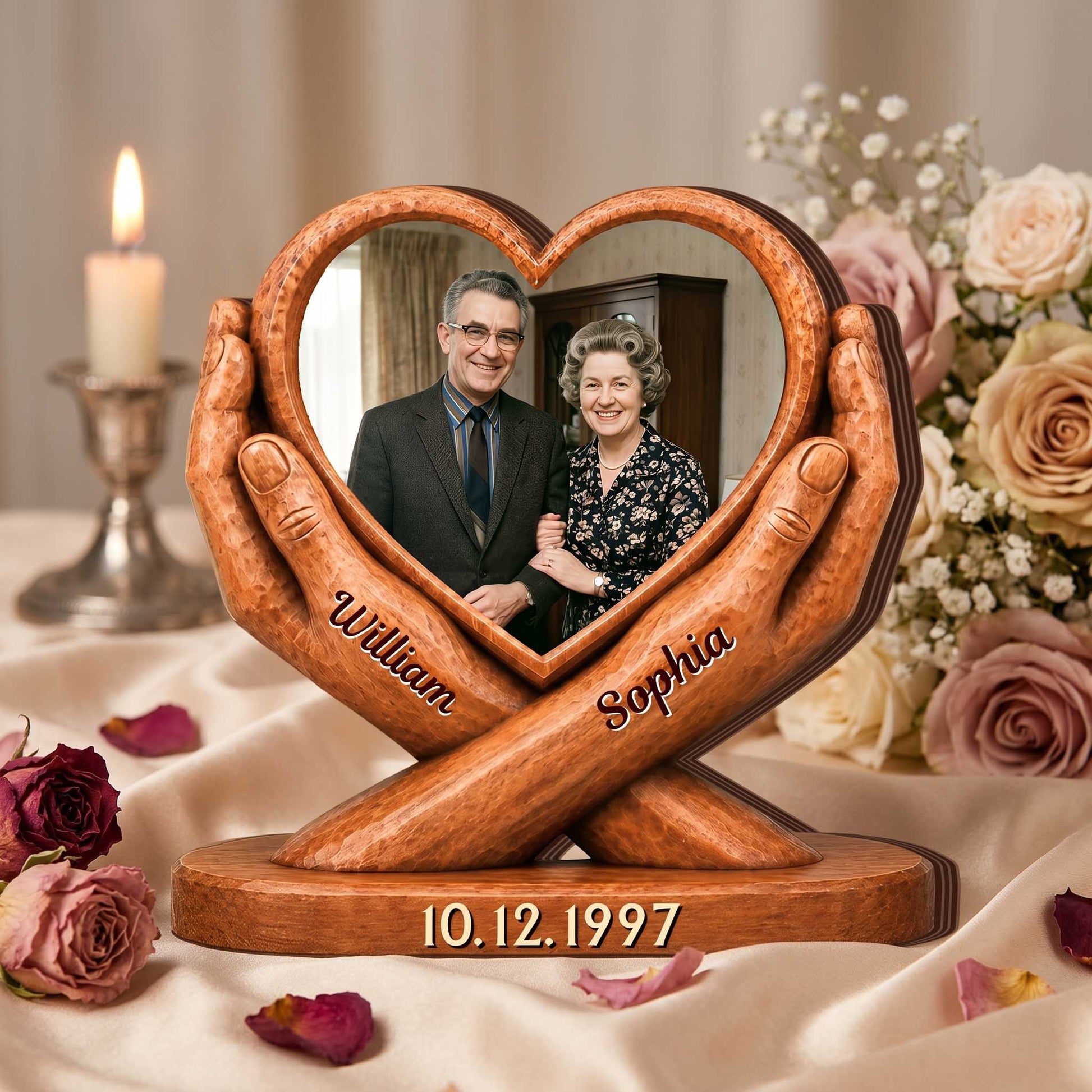 Personalized Heart Couple Photo Wooden Block - Custom Anniversary Wedding Gift for Husband And Wife