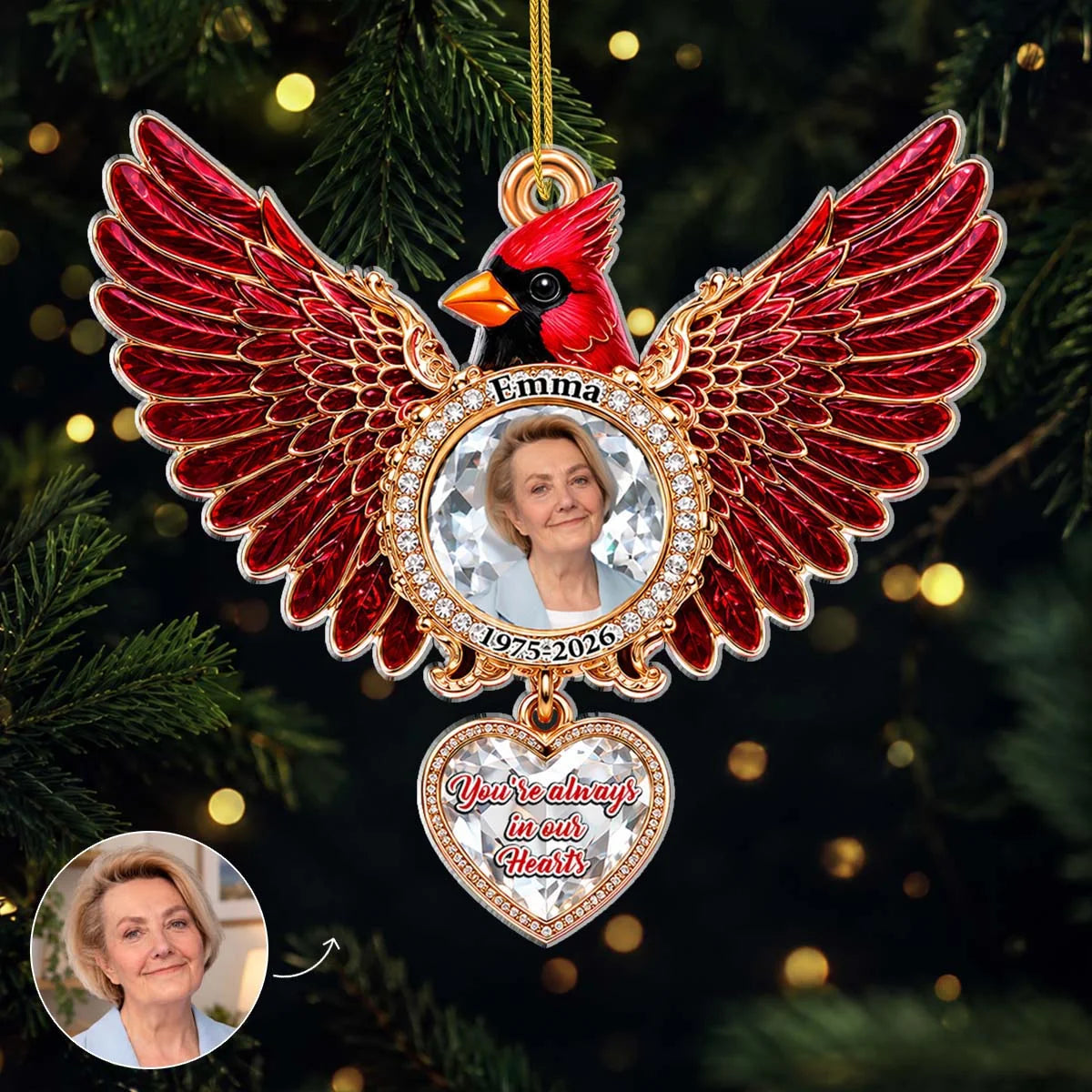 "You're Always In Our Hearts" Personalized Cardinal Angel Wings Memorial Acrylic Ornament - Keepsake Gift  for Family